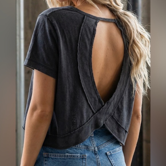 NWT Washed Black Cotton Open Back Cropped Tee T-Shirt Crop Top - Picture 5 of 10